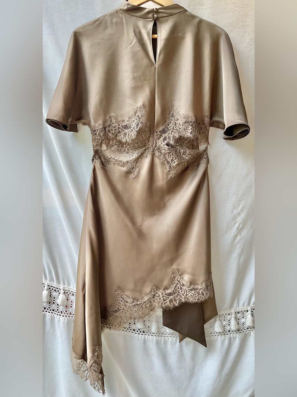 Zara Satin Cut Out Lace Dress Asymmetrical High Neck Scarf Brown Large - Picture 11 of 15